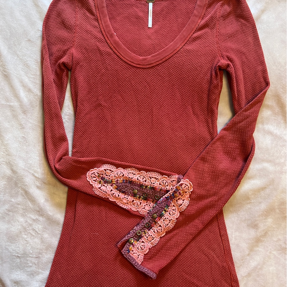 Free People Deep Red Long Sleeve Top with Lace Accents